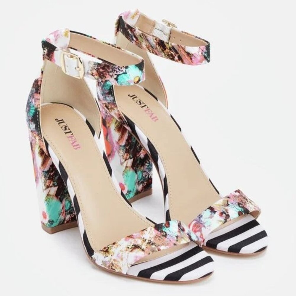 NEW! 'Persefinee' Floral Stripe Mixed Print Open Toe Block Heel Sandals Shoes